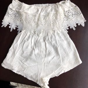 White lace shorts off shoulder romper-size M/S